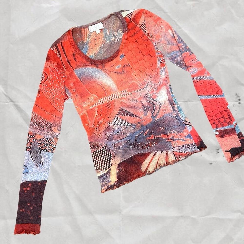 Fitted Graphic Orange and Red Long Sleeve Blouse